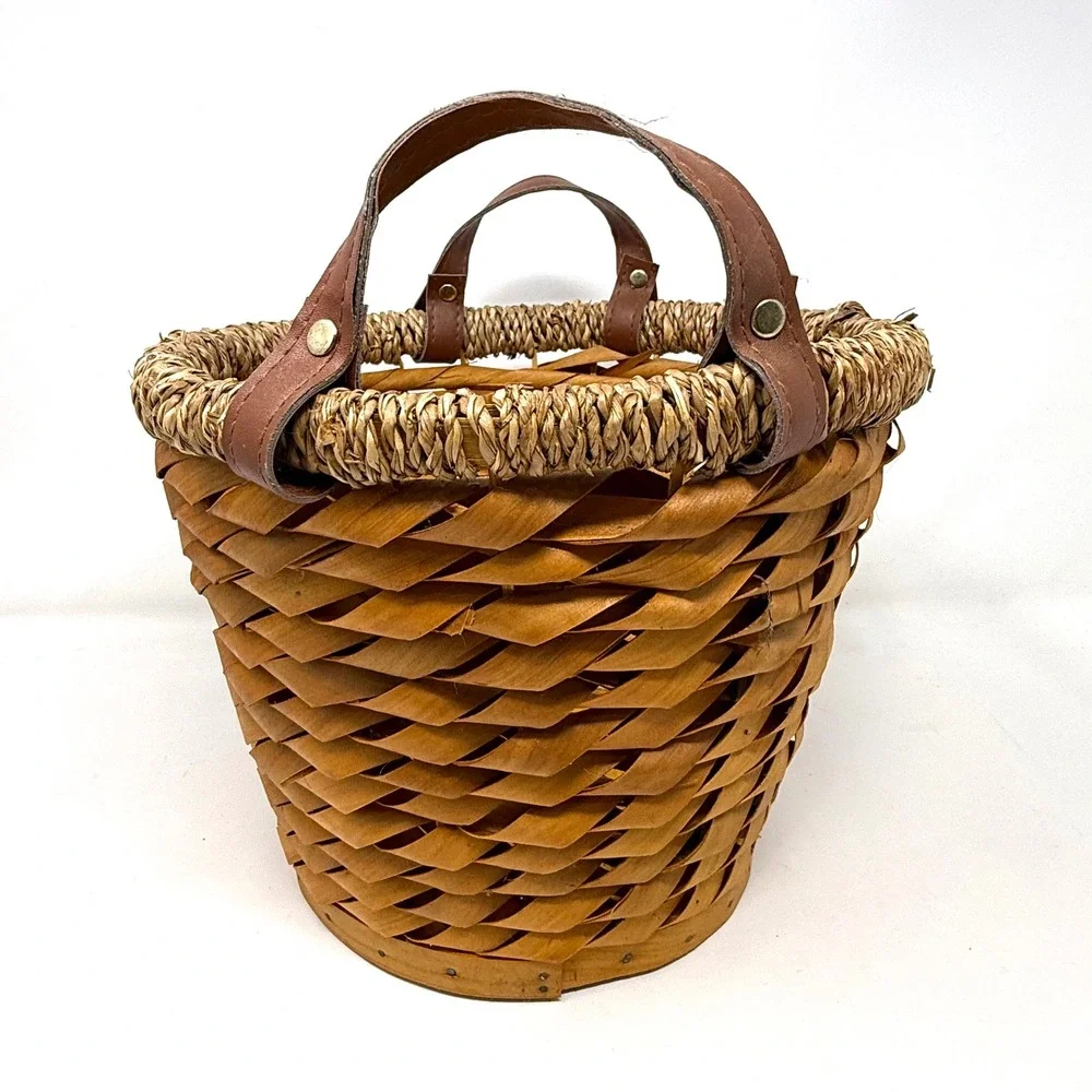 Rustic Woven Wood Basket with Seagrass Rim and Leather Handles Brown 11x8